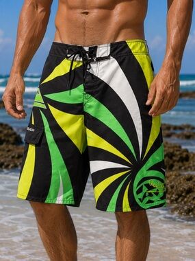 Quicksilver Embroidered Board Shorts Rising Sun Style Size 36 - VTG Y2K Trunks